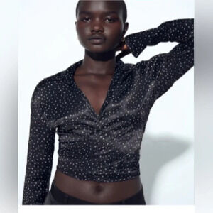 NWT ZARA Black Blouse White Mini Polka Dots Long Sash Wrap Top Collar LARGE